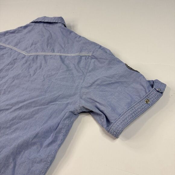 Dragonfly Mens Y2K Patched AOP Button Down Shirt Blue Stripe Pearl Snap Size L - Picture 6 of 9